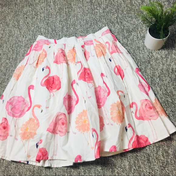 Chicwish White Pink Flamingo Knee Length Print Pleated A-line Midi Skirt Medium - Picture 10 of 16